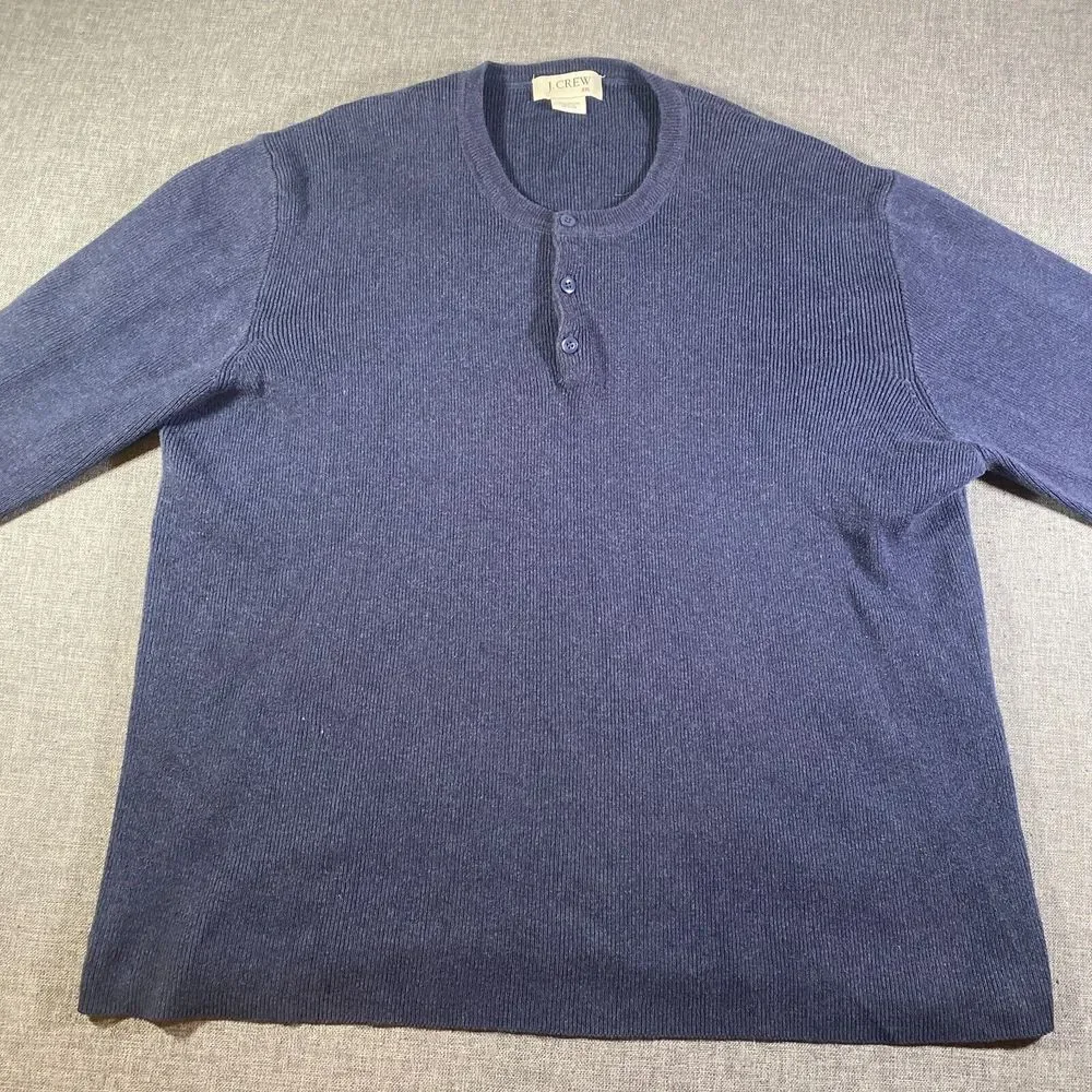 J Crew Waffle‎ Knit Henley Sweatshirt Mens Size 2XL Blue Heavyweight Knit